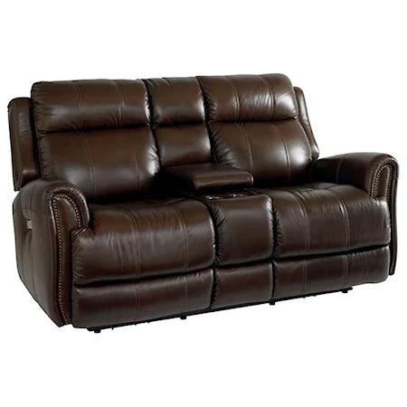 Leather Match Power Reclining Loveseat with Extended Footrests and Console